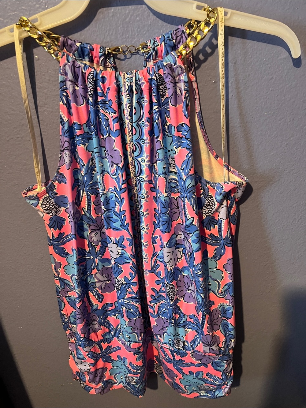 Lilly Pulitzer Pink, Blue & Purple Floral Halter with Gold Chain